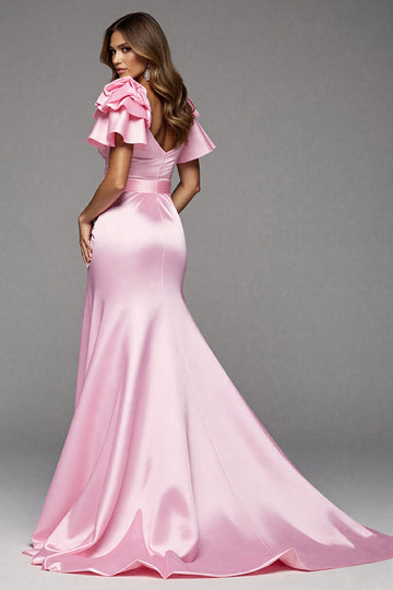 Pink Satin Ruffled Long Mermaid Formal Dress with Slit